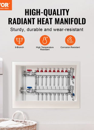 8-Branch Radiant Heat Manifold, 1/2" PEX Tubing Manifold, Stainless Steel PEX Manifold for Hydronic Radiant Floor Heating, Radiant Heat PEX Manifold Kit with 1/2" Adapters Included