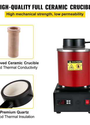 Gold Melting Furnace, 1350W, 2102 ℉ Max Temperature, 3 kg Digital Electric Melting Furnace, with 1 kg and 3 kg Ceramic Crucible and Ingot Die for Processing of Gold, Silver, Aluminum, Copper