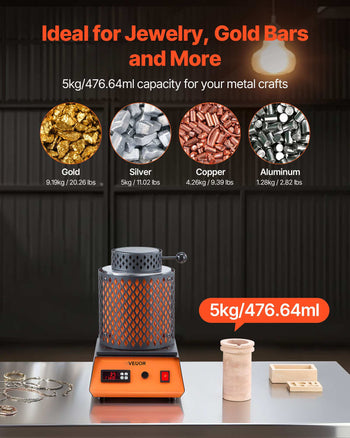 Electric Melting Furnace, 1500W Electric Metal Smelter Foundry, 2102℉/1150℃ Metal Smelting Machine with 5kg Ceramic Crucible, Gold Smelting Kit for Jewelry Making, Metal Bars, Metal Components