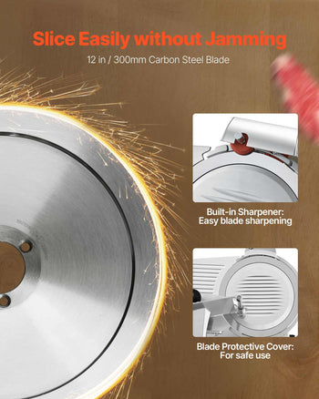Commercial Meat Slicer, 400W Electric Cutter, Removable 12" Carbon Steel Blade and Food Tray, 0-0.59" Adjustable Thickness Food Slicer Machine, for Frozen Meat, Ham, Baguett, Steak, ETL Approved