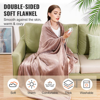 Double-sided soft flannel blanket in taupe, cozy, thick, and washable, perfect for warmth and comfort on the couch.