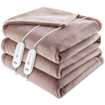 Cozy taupe electric blanket set with dual controllers, soft plush material for ultimate warmth and comfort.