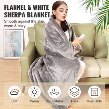 Cozy gray flannel and white sherpa blanket, soft, thick, comfortable, and machine washable for warmth and relaxation.