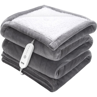 Grey electric heated blanket with plush fleece finish and cozy sherpa lining, featuring a white controller.