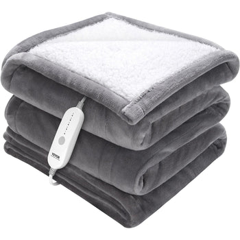 Grey electric heated blanket with plush fleece finish and cozy sherpa lining, featuring a white controller.