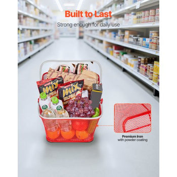Shopping Baskets, 12 PCS, 22L Stackable Metal Grocery Baskets with Handles, Dense Mesh Structure, Holds up to 44 lbs, Portable for Grocery, Retail, Stores, Supermarket, Bookstore, Home Use, Red