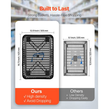 Shopping Baskets, 12 PCS, 21L Stackable PE Plastic Grocery Baskets with Handles, Dense Mesh Structure, Holds up to 20 lbs, Portable for Grocery, Retail, Stores, Supermarket, Home Use, Black
