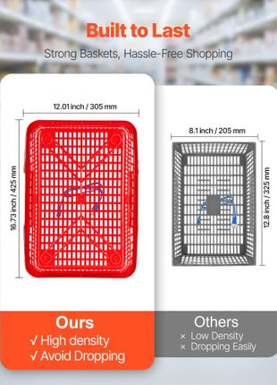 Shopping Baskets, 12 PCS, 21L Stackable PE Plastic Grocery Baskets with Metal Handles, Dense Mesh Structure, Holds up to 20 lbs, Portable for Grocery, Retail, Stores, Supermarket, Home Use, Red