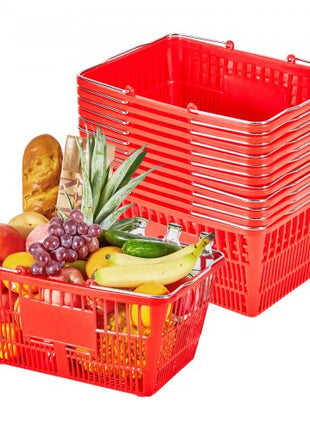 Shopping Baskets, 12 PCS, 21L Stackable PE Plastic Grocery Baskets with Metal Handles, Dense Mesh Structure, Holds up to 20 lbs, Portable for Grocery, Retail, Stores, Supermarket, Home Use, Red