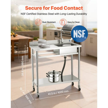 Stainless Steel Utility Sink, Rolling Single Bowl Commercial Kitchen Sink with Wheels, Faucet and Hot & Cold Water Pipe, Utility Basin Workbench for Garage Restaurant Laundry 39.4 x 19.7 x 41.5 in