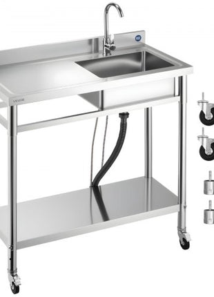 Stainless Steel Utility Sink, Rolling Single Bowl Commercial Kitchen Sink with Wheels, Faucet and Hot & Cold Water Pipe, Utility Basin Workbench for Garage Restaurant Laundry 39.4 x 19.7 x 41.5 in