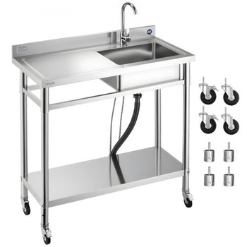 Stainless Steel Utility Sink, Rolling Single Bowl Commercial Kitchen Sink with Wheels, Faucet and Hot & Cold Water Pipe, Utility Basin Workbench for Garage Restaurant Laundry 39.4 x 19.7 x 41.5 in