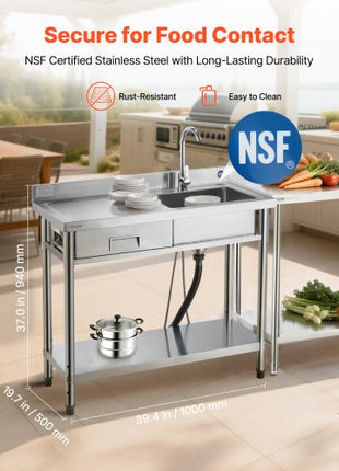 Stainless Steel Utility Sink, Free Standing Single Bowl Commercial Kitchen Sink with Drawer, Faucet and Hot & Cold Water Pipe, Utility Basin for Garage Restaurant Laundry, 39.4 x 19.7 x 37 in