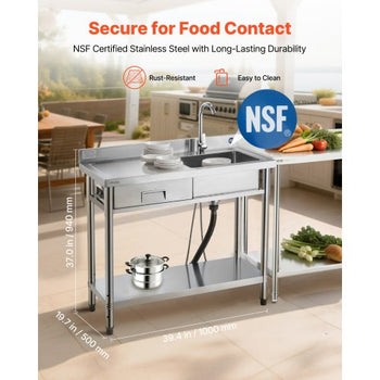 Stainless Steel Utility Sink, Free Standing Single Bowl Commercial Kitchen Sink with Drawer, Faucet and Hot & Cold Water Pipe, Utility Basin for Garage Restaurant Laundry, 39.4 x 19.7 x 37 in