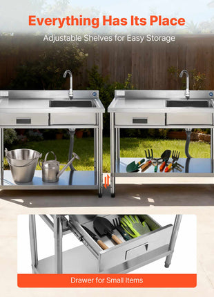 Stainless Steel Utility Sink, Free Standing Single Bowl Commercial Kitchen Sink with Drawer, Faucet and Hot & Cold Water Pipe, Utility Basin for Garage Restaurant Laundry, 39.4 x 19.7 x 37 in