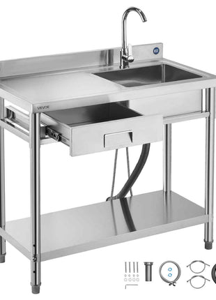 Stainless Steel Utility Sink, Free Standing Single Bowl Commercial Kitchen Sink with Drawer, Faucet and Hot & Cold Water Pipe, Utility Basin for Garage Restaurant Laundry, 39.4 x 19.7 x 37 in