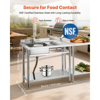 Stainless Steel Utility Sink, Free Standing Single Bowl Commercial Kitchen Sink with Faucet, 39.4 x 19.7 x 37 in, Utility Right Basin with Hot & Cold Water Pipe for Garage, Restaurant, Laundry