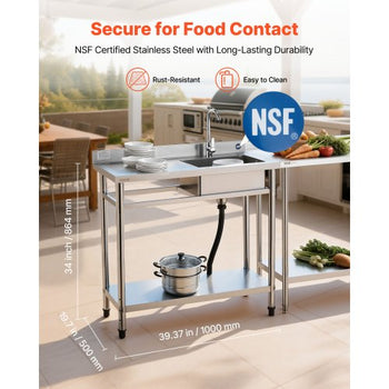 Stainless Steel Utility Sink, Free Standing Single Bowl Commercial Kitchen Sink with Faucet, 39.4 x 19.7 x 37 in, Utility Left Basin with Hot & Cold Water Pipe for Garage, Restaurant, Laundry