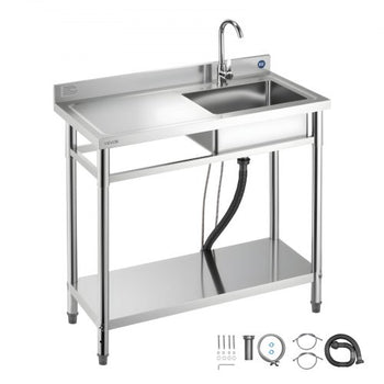 Stainless Steel Utility Sink, Free Standing Single Bowl Commercial Kitchen Sink with Faucet, 39.4 x 19.7 x 37 in, Utility Left Basin with Hot & Cold Water Pipe for Garage, Restaurant, Laundry