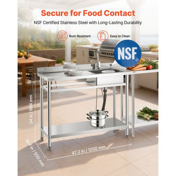 Stainless Steel Utility Sink, Free Standing Single Bowl Commercial Kitchen Sink with Faucet, Utility Left Basin Workbench with Hot & Cold Water Pipe for Garage Restaurant Laundry, 47x19.7x37 in