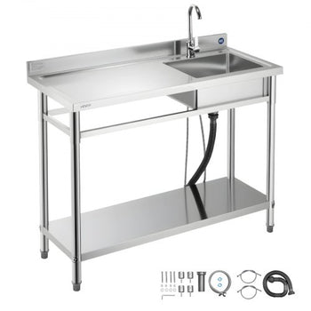 Stainless Steel Utility Sink, Free Standing Single Bowl Commercial Kitchen Sink with Faucet, Utility Left Basin Workbench with Hot & Cold Water Pipe for Garage Restaurant Laundry, 47x19.7x37 in