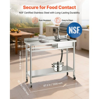 Stainless Steel Utility Sink, Rolling Single Bowl Commercial Kitchen Sink with Wheels, Faucet and Hot & Cold Water Pipe, Utility Basin Workbench for Garage Restaurant Laundry 47.2 x 19.7 x 41.5 in