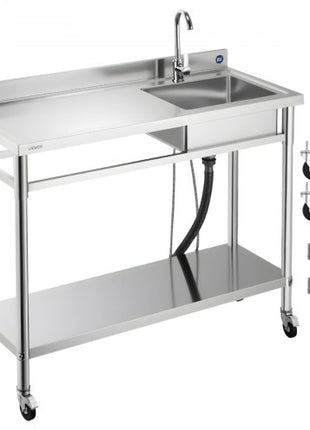 Stainless Steel Utility Sink, Rolling Single Bowl Commercial Kitchen Sink with Wheels, Faucet and Hot & Cold Water Pipe, Utility Basin Workbench for Garage Restaurant Laundry 47.2 x 19.7 x 41.5 in