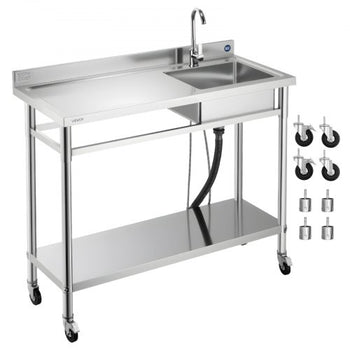 Stainless Steel Utility Sink, Rolling Single Bowl Commercial Kitchen Sink with Wheels, Faucet and Hot & Cold Water Pipe, Utility Basin Workbench for Garage Restaurant Laundry 47.2 x 19.7 x 41.5 in