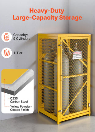 Vertical Cylinder Storage Cabinet, 31"L x 30"W x 65"H, 9 Cylinder Capacity, Propane Storage Cage with Chain, Lock and Keys, Yellow Powder-Coated Carbon Steel, for Propane, Oxygen, Nitrogen