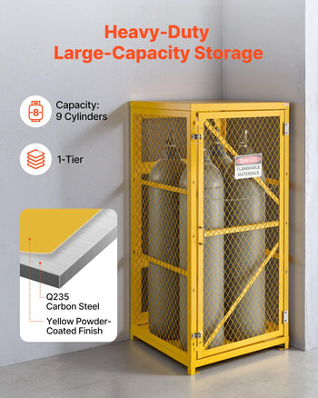 Vertical Cylinder Storage Cabinet, 31"L x 30"W x 65"H, 9 Cylinder Capacity, Propane Storage Cage with Chain, Lock and Keys, Yellow Powder-Coated Carbon Steel, for Propane, Oxygen, Nitrogen