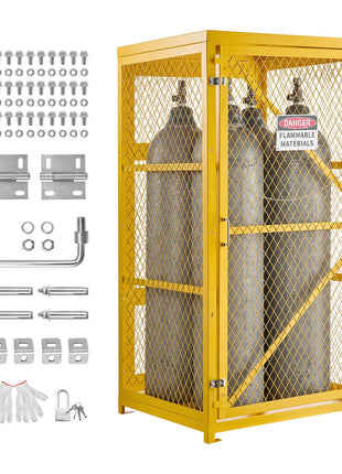 Vertical Cylinder Storage Cabinet, 31"L x 30"W x 65"H, 9 Cylinder Capacity, Propane Storage Cage with Chain, Lock and Keys, Yellow Powder-Coated Carbon Steel, for Propane, Oxygen, Nitrogen