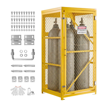 Vertical Cylinder Storage Cabinet, 31"L x 30"W x 65"H, 9 Cylinder Capacity, Propane Storage Cage with Chain, Lock and Keys, Yellow Powder-Coated Carbon Steel, for Propane, Oxygen, Nitrogen