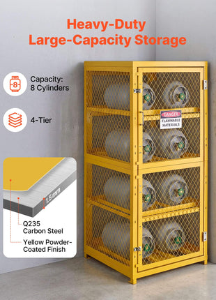 Horizontal Cylinder Storage Cabinet, 30"L x 30"W x 70.3"H, 8 Cylinder Capacity, 4-Tier Propane Storage Cage, with Lock and Keys, Yellow Powder-Coated Carbon Steel, for Propane, Oxygen, Nitrogen