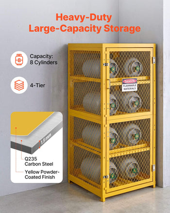 Horizontal Cylinder Storage Cabinet, 30"L x 30"W x 70.3"H, 8 Cylinder Capacity, 4-Tier Propane Storage Cage, with Lock and Keys, Yellow Powder-Coated Carbon Steel, for Propane, Oxygen, Nitrogen
