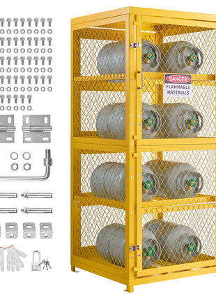 Horizontal Cylinder Storage Cabinet, 30"L x 30"W x 70.3"H, 8 Cylinder Capacity, 4-Tier Propane Storage Cage, with Lock and Keys, Yellow Powder-Coated Carbon Steel, for Propane, Oxygen, Nitrogen
