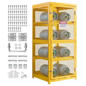 Horizontal Cylinder Storage Cabinet, 30"L x 30"W x 70.3"H, 8 Cylinder Capacity, 4-Tier Propane Storage Cage, with Lock and Keys, Yellow Powder-Coated Carbon Steel, for Propane, Oxygen, Nitrogen