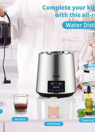 1.1Gal Water Distiller, 0.4Gal/H, Distilled Water Maker Machine 1750W 0-99H Timing Dual Temp Display, 304 Stainless Steel Countertop Distiller Glass Carafe Cleaning Powder 3 Carbon Packs, Silver