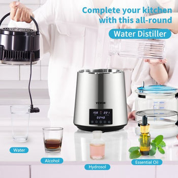 1.1Gal Water Distiller, 0.4Gal/H, Distilled Water Maker Machine 1750W 0-99H Timing Dual Temp Display, 304 Stainless Steel Countertop Distiller Glass Carafe Cleaning Powder 3 Carbon Packs, Silver