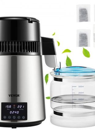 1.1Gal Water Distiller, 0.4Gal/H, Distilled Water Maker Machine 1750W 0-99H Timing Dual Temp Display, 304 Stainless Steel Countertop Distiller Glass Carafe Cleaning Powder 3 Carbon Packs, Silver