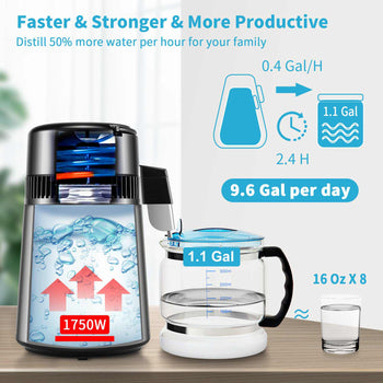 1.1Gal Water Distiller, 0.4Gal/H, Distilled Water Maker Machine 1750W 0-99H Timing Dual Temp Display, 304 Stainless Steel Countertop Distiller Glass Carafe Cleaning Powder 3 Carbon Packs, Silver