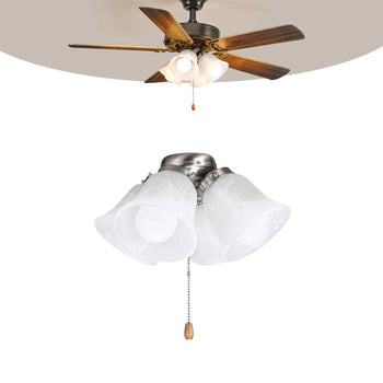 Ceiling Fan Light Kit, Four-Light 3000K 750lm Fan Light Kit with Pull Chain, Replacement Light Fixture for Living Room, Bedroom, Home Decor, Cloud White Glass Shade Brushed Nickel, Floral Shape