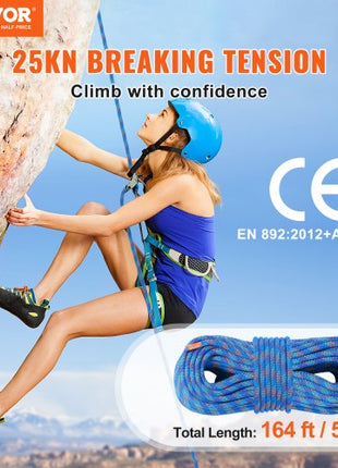 10.2mm Dynamic Climbing Rope, 50M(164ft) Outdoor Rock Climbing Rope 25KN Breaking Tension, Stretchable Fiber Rope with Steel Snap Hooks for Escape, Rappelling, Fire Rescue, Blue