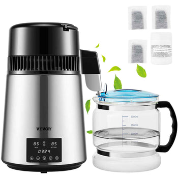 1.1Gal Water Distiller, 0.3Gal/H, 750W Distilled Water Maker Machine 0-99H Timing Dual Temp Display, 304 Stainless Steel Countertop Distiller Glass Carafe Cleaning Powder 3 Carbon Packs, Silver