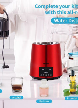 1.1Gal Water Distiller, 0.3Gal/H, 750W Distilled Water Maker Machine 0-99H Timing Dual Temp Display, 304 Stainless Steel Countertop Distiller Glass Carafe Cleaning Powder 3 Carbon Packs, Red