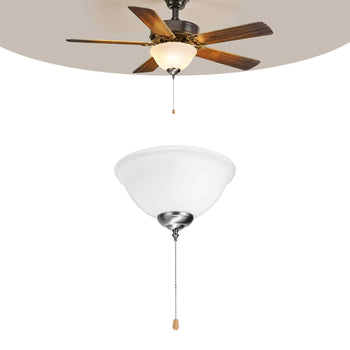 Ceiling Fan Light Kit, 750lm 3000K Bowl Shaped Fan Light Kit with Pull Chain, 2 LED Bulbs, Replacement Fixture for Living Room, Dining Room, Bedroom, Indoor, White Glass Shade Brushed Nickel