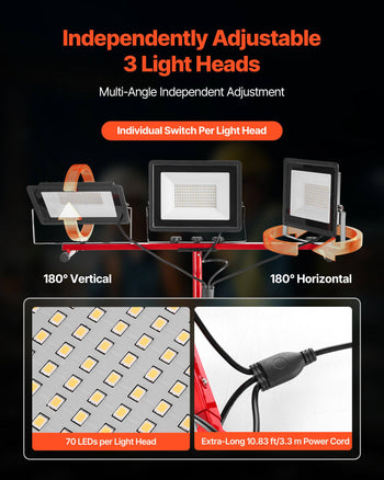 LED Work Light with Stand, 15000 Lumens, Three-Head Portable Camping Light with Individual Switch, Tripod Stand, 10.83 ft Power Cord, for Indoor Outdoor Job Site Construction, IP65 Waterproof