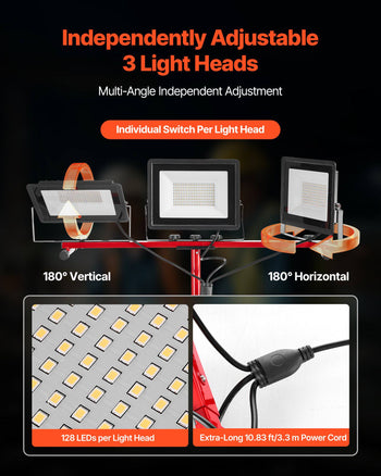 LED Work Light with Stand, 21000 Lumens, Three-Head Portable Camping Light with Individual Switch, Tripod Stand, 10.83 ft Power Cord, for Indoor Outdoor Job Site Construction, IP65 Waterproof