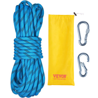 Blue climbing rope with black stripes, includes two silver carabiners and a yellow storage bag. Ideal for outdoor adventures.