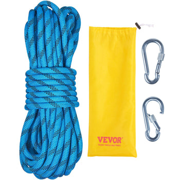 Blue climbing rope with black stripes, includes two silver carabiners and a yellow storage bag. Ideal for outdoor adventures.