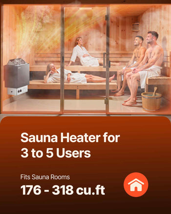 Sauna heater for 3-5 users, sleek black, fits sauna rooms 176-318 cu. ft., ideal for optimal relaxation.